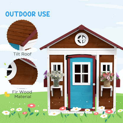 Wooden Playhouse for Kids Outdoor with Door, Windows, Planter Pots and Boxes for Toddlers 3-8 Years, Dark Brown