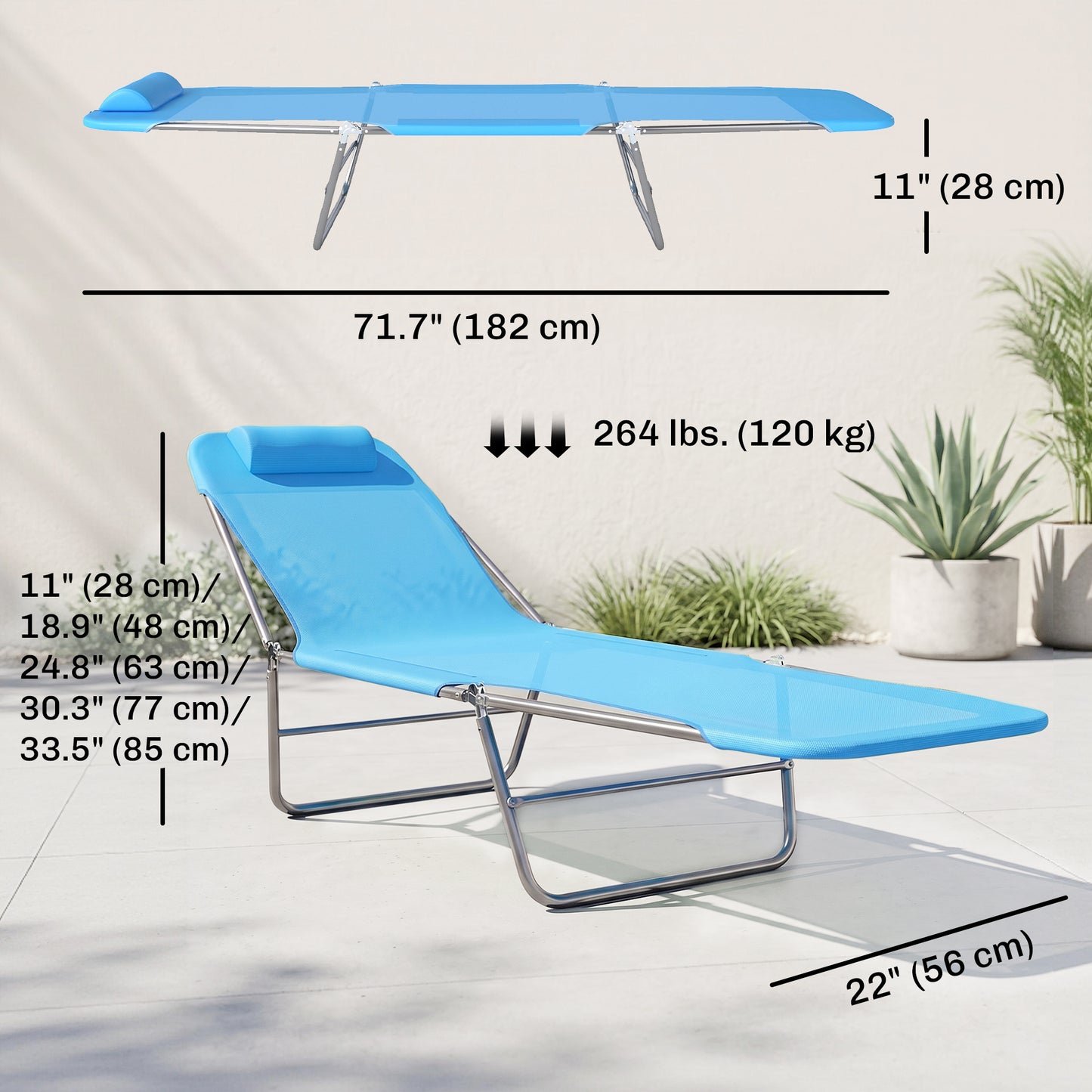 Outdoor Lounge Chair, Portable Adjustable Reclining Seat Folding Chaise Lounge Patio Camping Beach Tanning Chair Bed wit