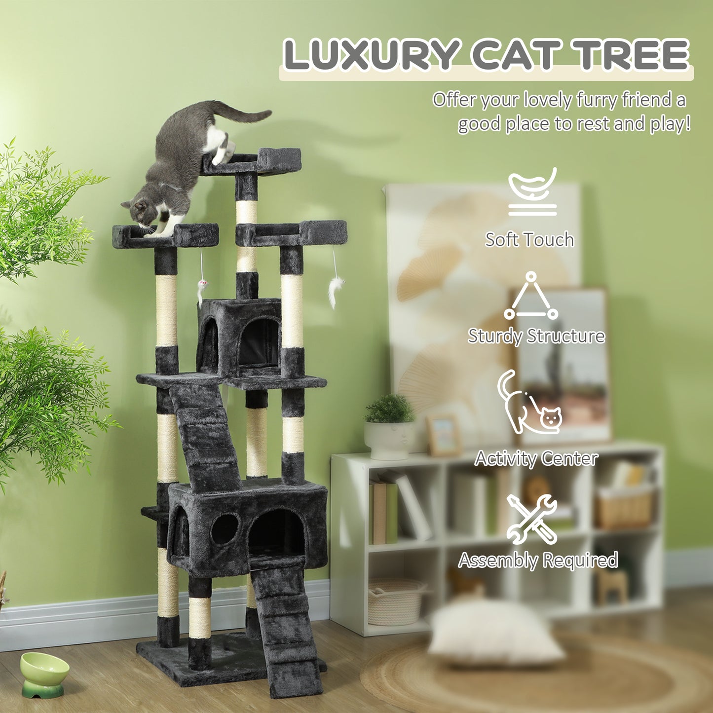 68" Multi-Level Cat Scratching Tree with 3 Perches & 2 Condos, 4 Tier Kitty Activity Center with Ladders & Dangling Toys
