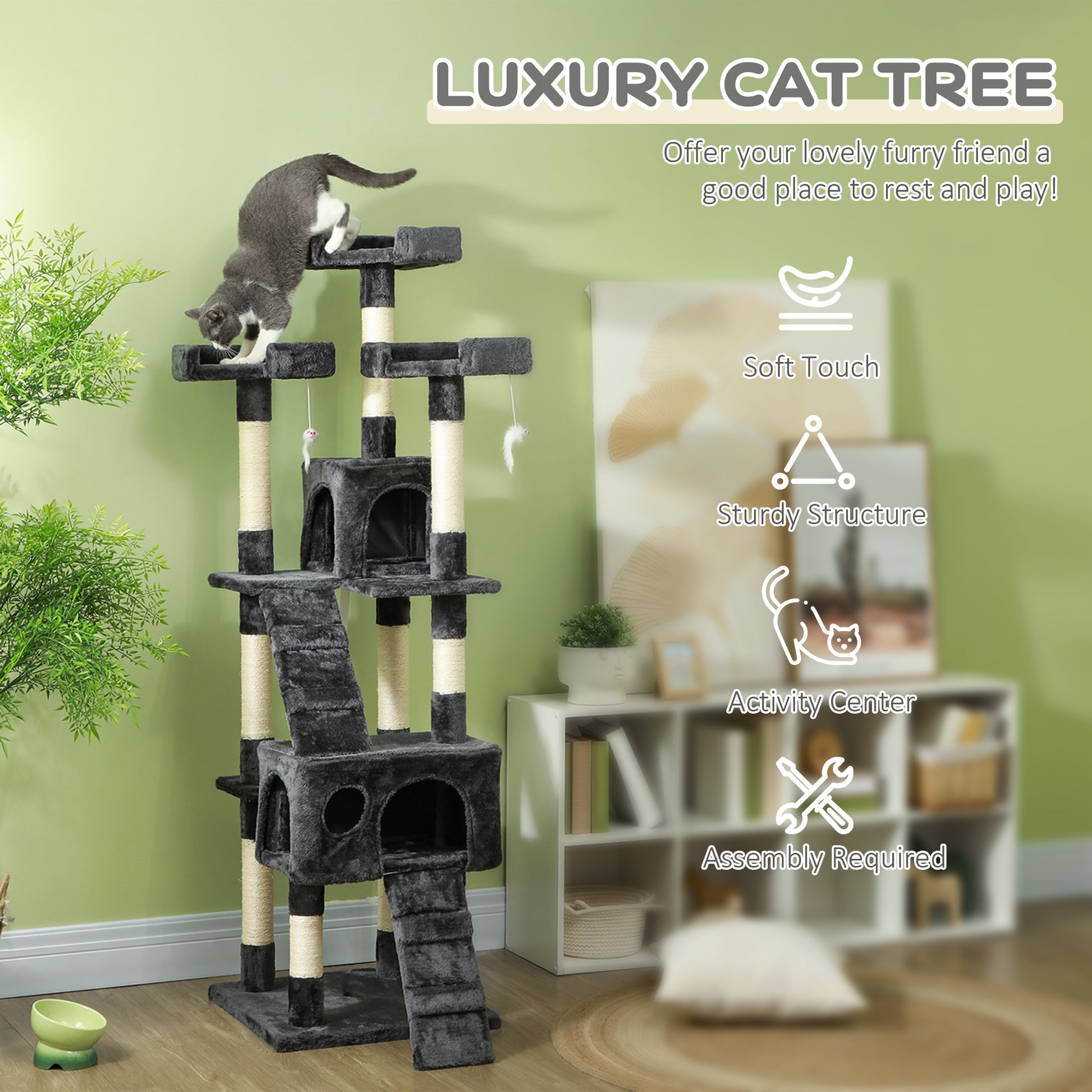 68" Multi-Level Cat Scratching Tree with 3 Perches & 2 Condos, 4 Tier Kitty Activity Center with Ladders & Dangling Toys
