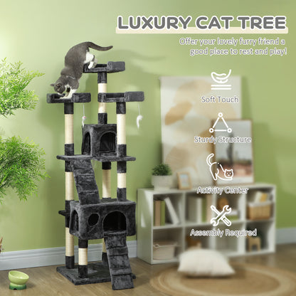 68" Multi-Level Cat Scratching Tree with 3 Perches & 2 Condos, 4 Tier Kitty Activity Center with Ladders & Dangling Toys