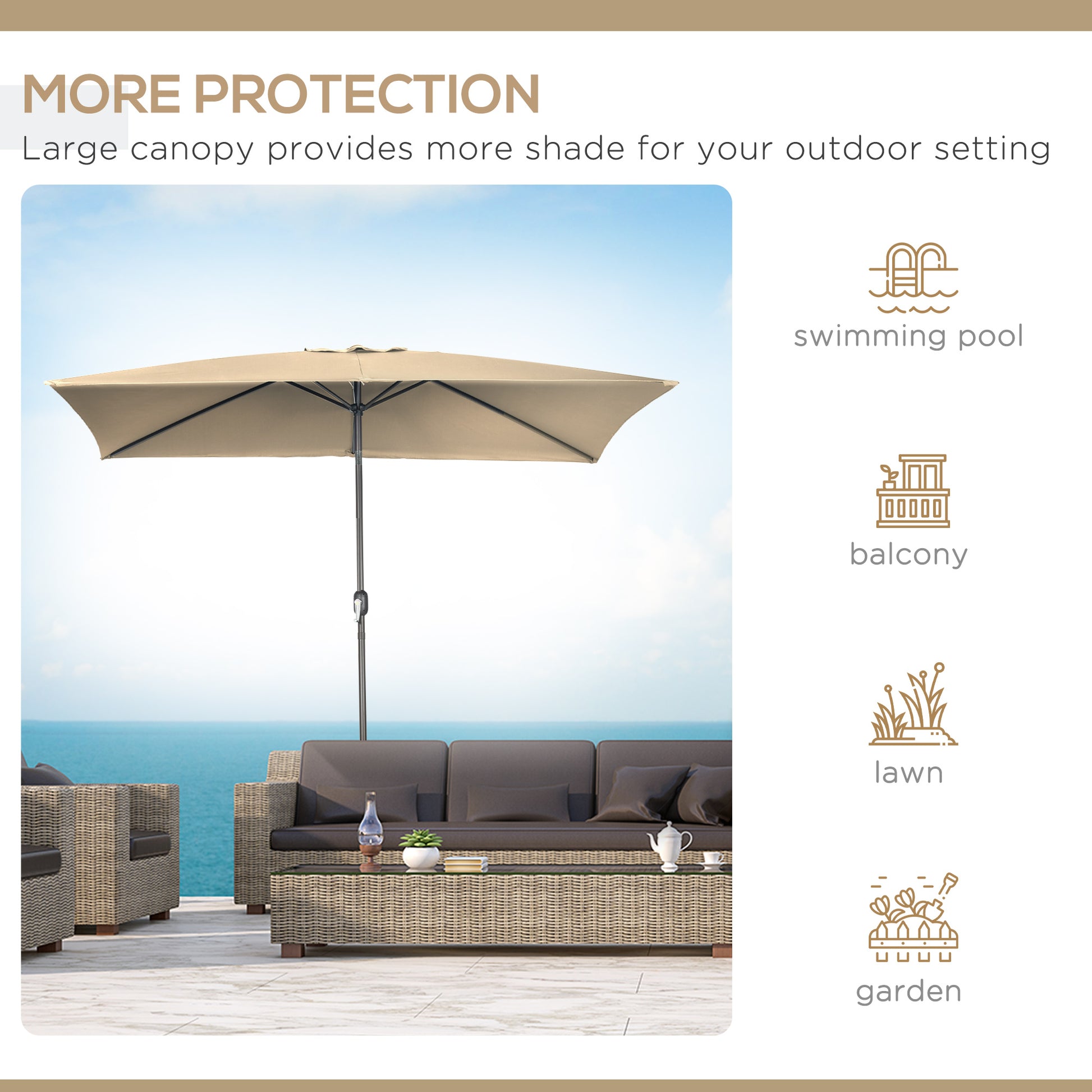 6.5x10ft Patio Umbrella, Rectangle Market Umbrella with Aluminum Frame and Crank Handle, Garden Parasol Outdoor Sunshade