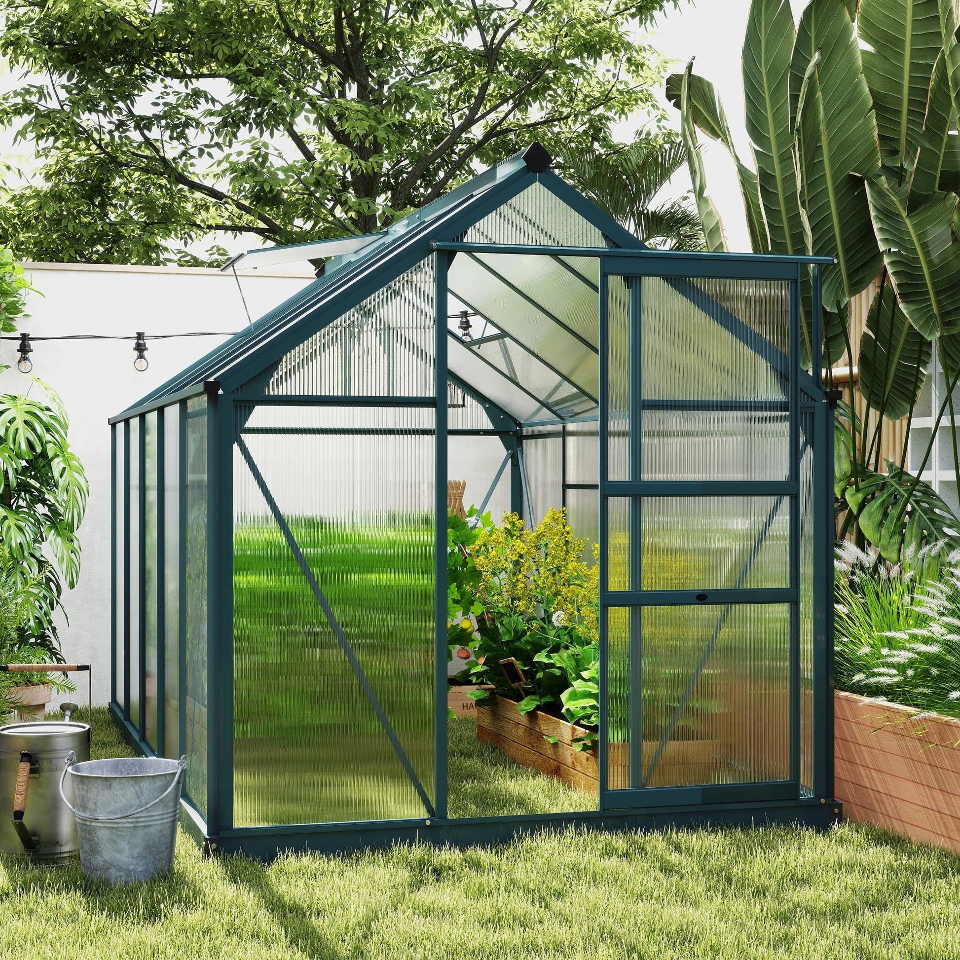 6' x 10' x 6.6' Polycarbonate Greenhouse, Walk-In Green House Kit Garden, Plants Grow, Galvanized Sheet Aluminum Frame w