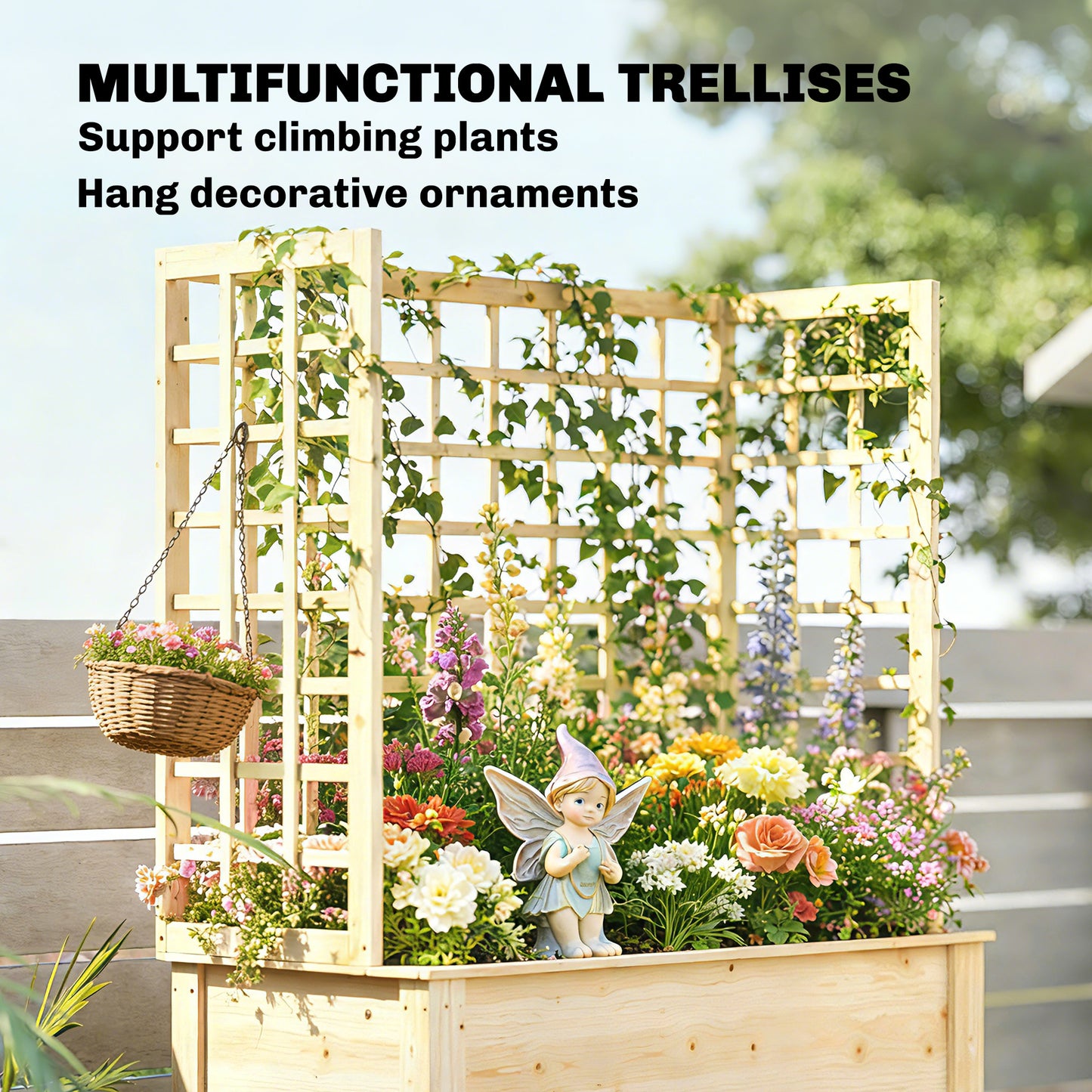 Wooden Raised Garden Bed with 3 Trellises, Outdoor Raised Planter with Drainage Holes