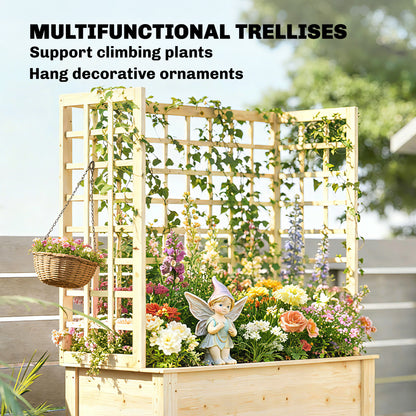 Wooden Raised Garden Bed with 3 Trellises, Outdoor Raised Planter with Drainage Holes