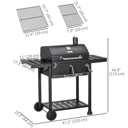 Charcoal BBQ Grill Smoker with Adjustable Charcoal Pan and Galvanised Steel Shell, Barbecue Grill Trolley with Storage