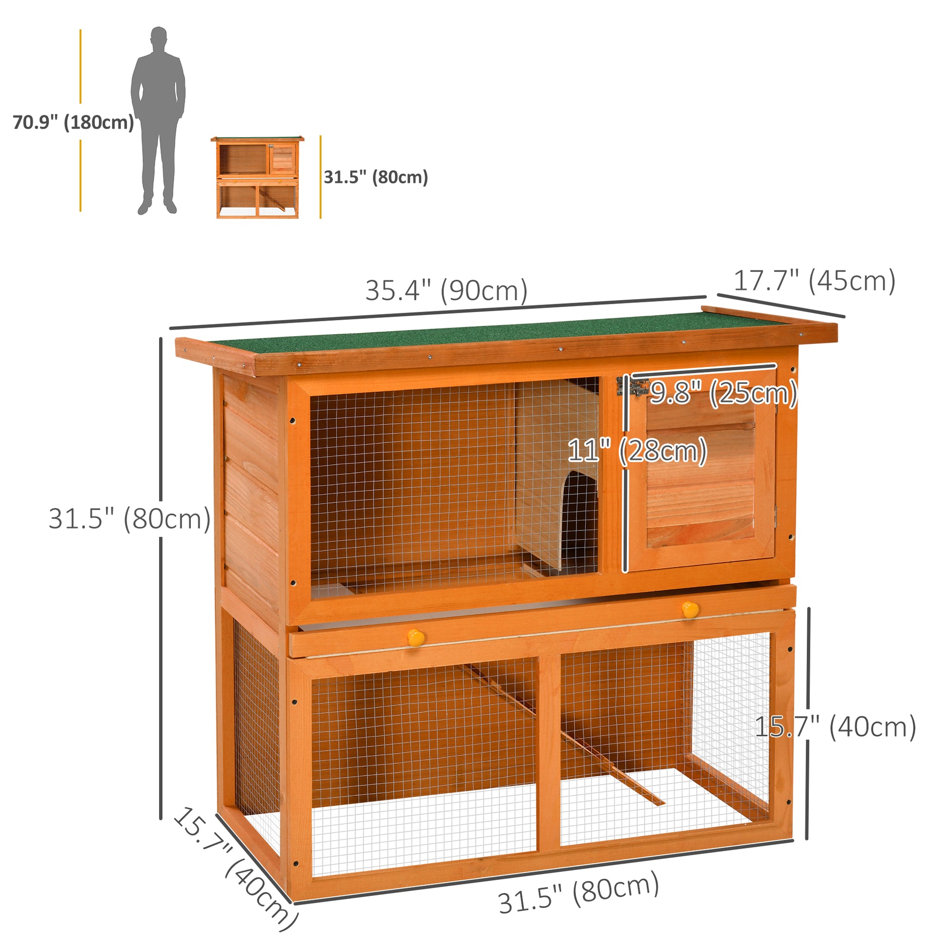 Wooden Rabbit Hutch, Indoor Outdoor Bunny Cage with Run, 2- Level Guinea Pig House with Slide-Out Tray, Waterproof Roof,