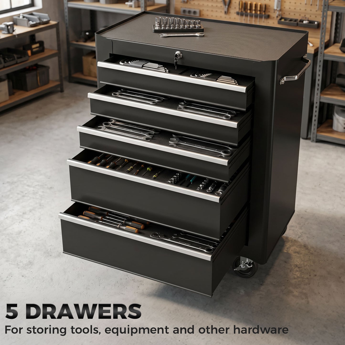 5-Drawer Rolling Tool Cabinet on Wheels, Lockable Tool Chest, Tool Organizer for Garage, Factory and Workshop, Black