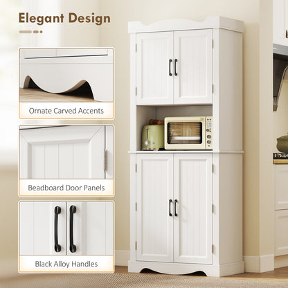 73" Kitchen Pantry Cabinet, Freestanding Kitchen Hutch with 12 Door Shelves, Adjustable Shelves, Microwave Stand, White