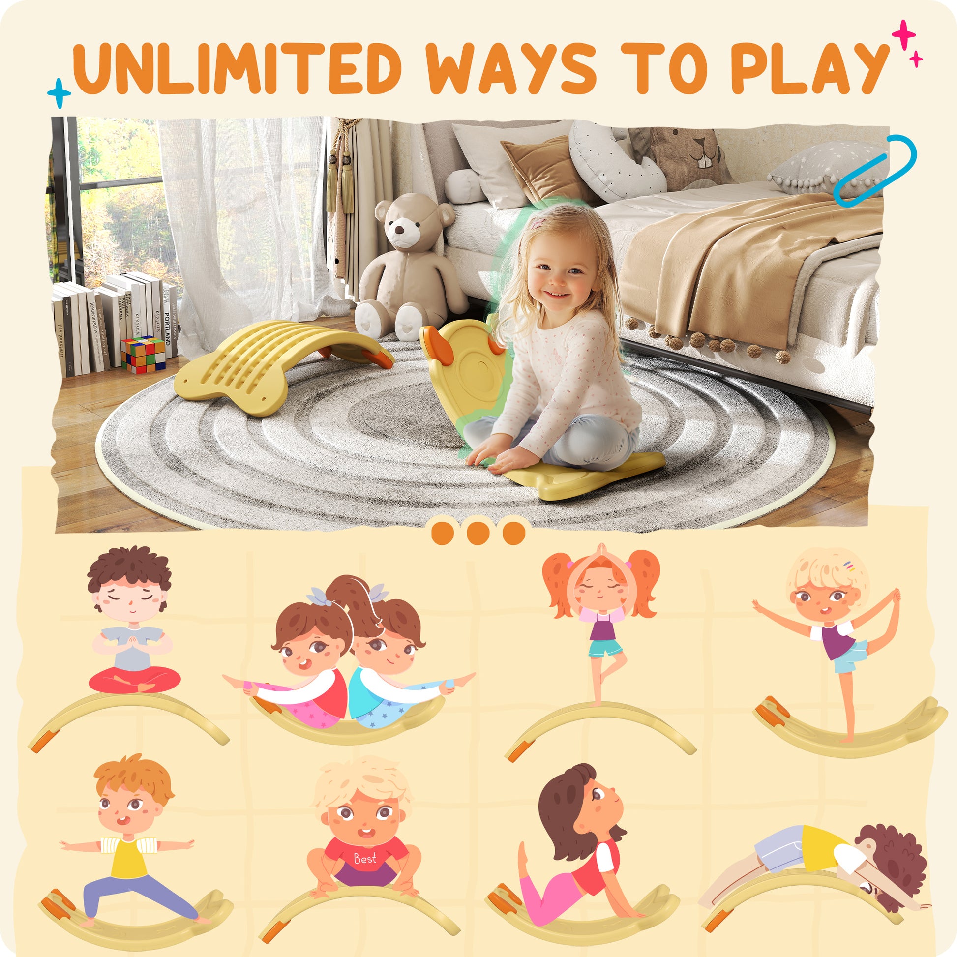 Qaba 24.4" Kids Balance Board, Wobble Board Toddler Curved Rocker, Preschool Balance & Sensory Play Toy, Ages 3-6, Yello