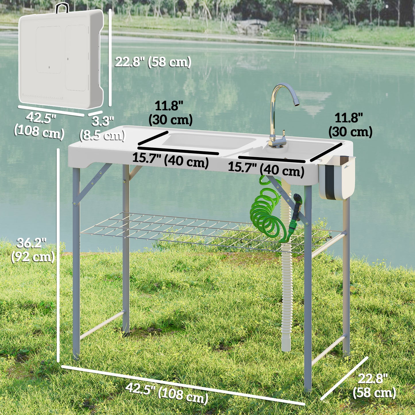 Folding Fish Cleaning Table with Sinks, Camping Sink with Faucet Drainage Hose Sprayer Shelf, White