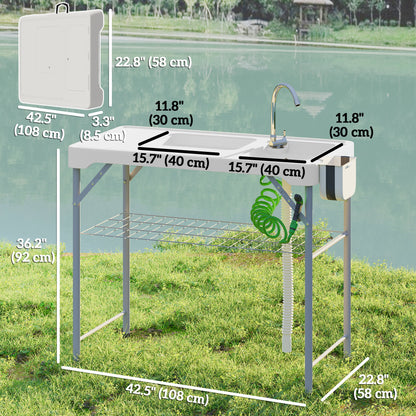 Folding Fish Cleaning Table with Sinks, Camping Sink with Faucet Drainage Hose Sprayer Shelf, White