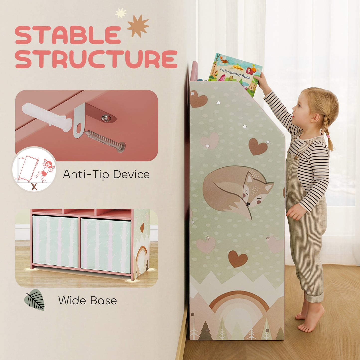 Qaba Kids Bookshelf with Storage, Toy Storage Unit with Book Display, Shelves and Fabric Drawers for Playroom Nursery, P
