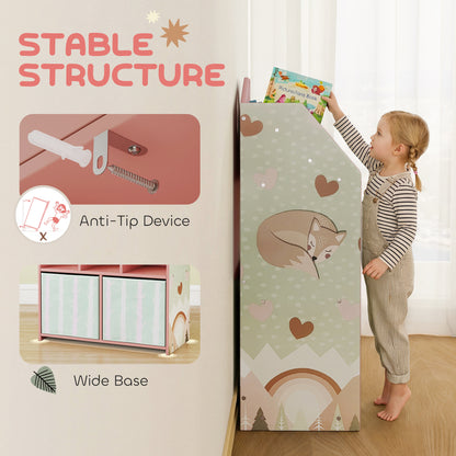 Qaba Kids Bookshelf with Storage, Toy Storage Unit with Book Display, Shelves and Fabric Drawers for Playroom Nursery, P