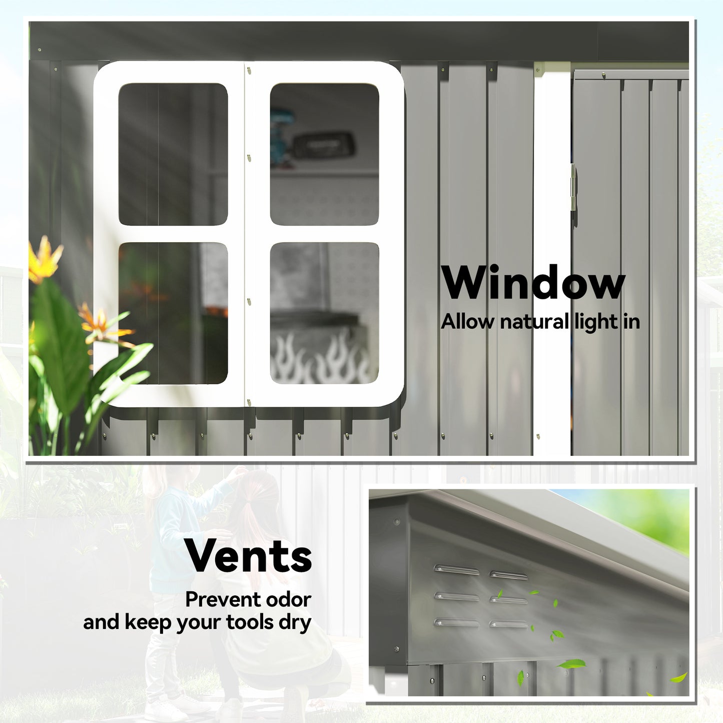8.5' x 6' Galvanised Steel Outdoor Storage Shed, Garden Shed with Window, Lockable Wide Doors and Air Vents, Grey
