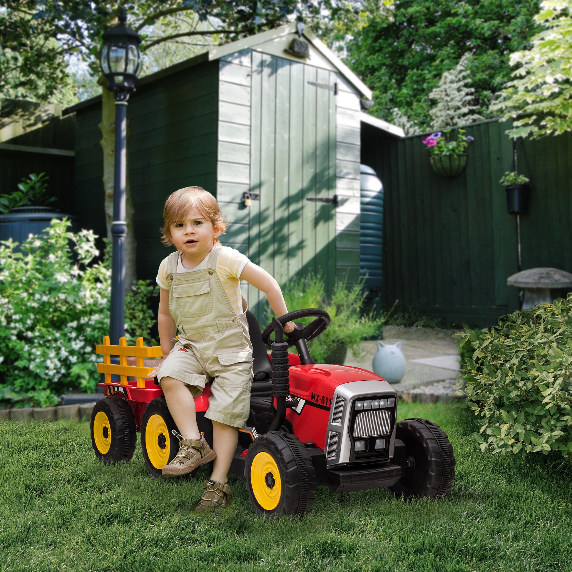 VarietyKart 12V Kids Ride on Tractor with Trailer, Remote Control, Music Start up Sound and Horn, USB, LED Lights, Red