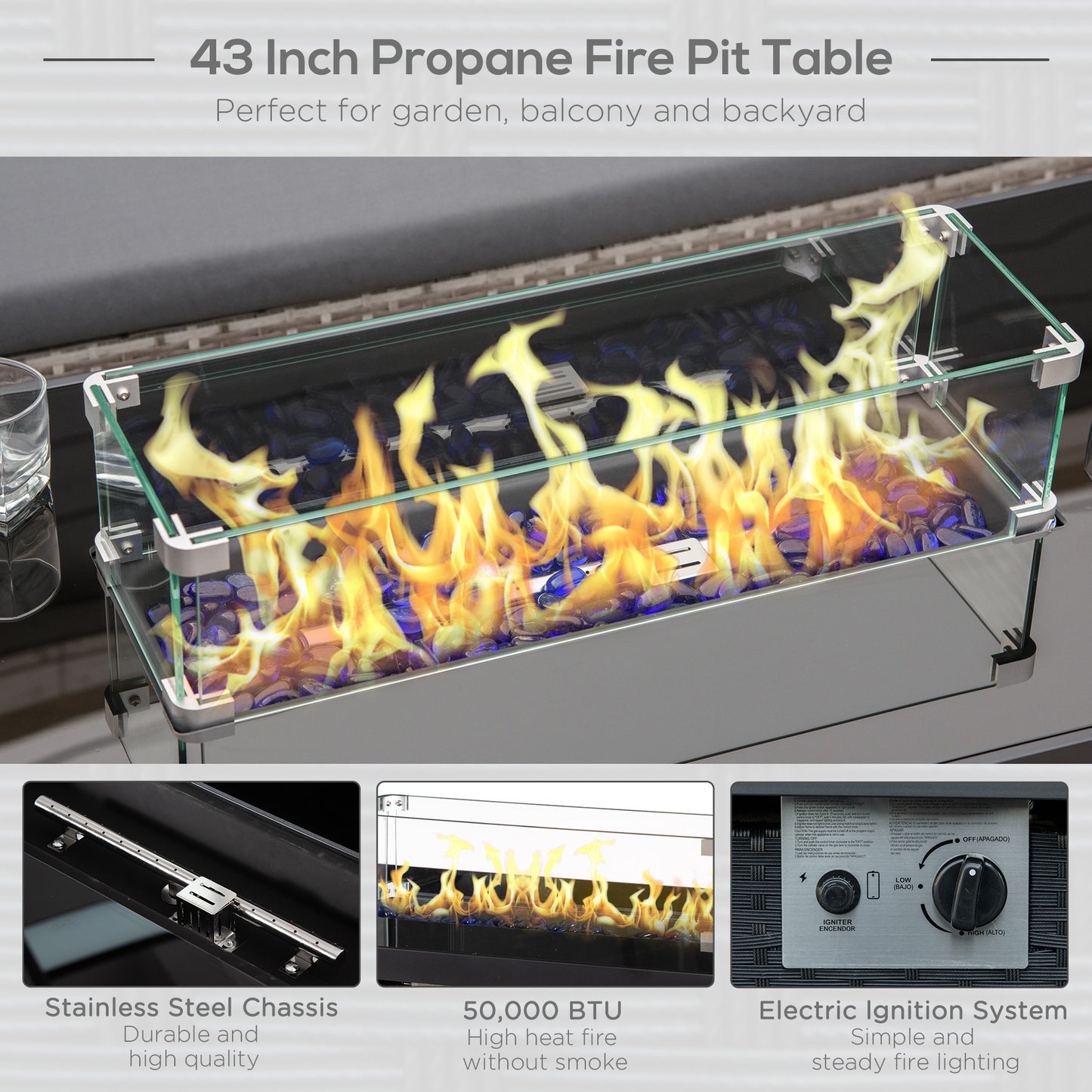Propane Fire Pit Table 43in Outdoor Fire Table, 50,000 BTU Pulse-Ignition Wicker Firepit Furniture with Glass Wind Guard