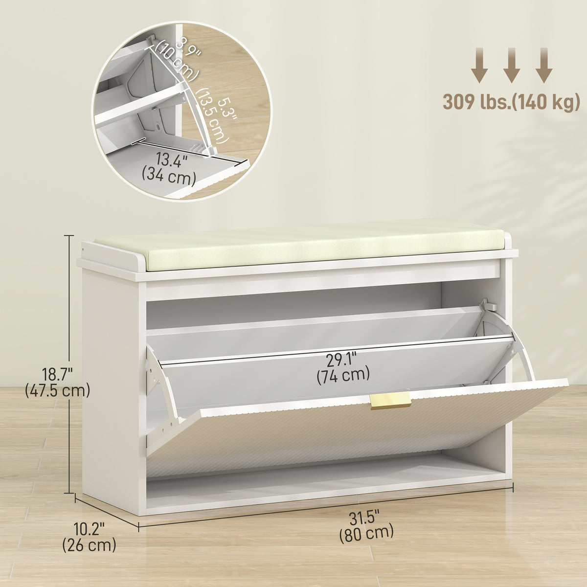 Entryway Bench with Padded Seat and Flip-Drawers, Holds up to 265lbs, Shoe Storage Bench for 8 Pairs of Shoes, White