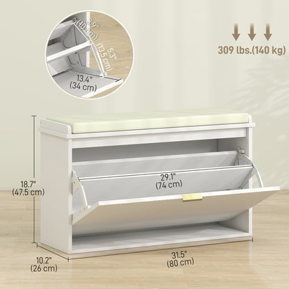 Entryway Bench with Padded Seat and Flip-Drawers, Holds up to 265lbs, Shoe Storage Bench for 8 Pairs of Shoes, White