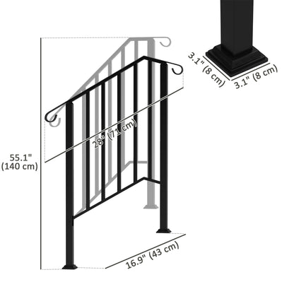 2-3 Step Handrails for Outdoor Steps, Metal Outdoor Stair Railing, Porch Deck Railing with Installation Kit, Black