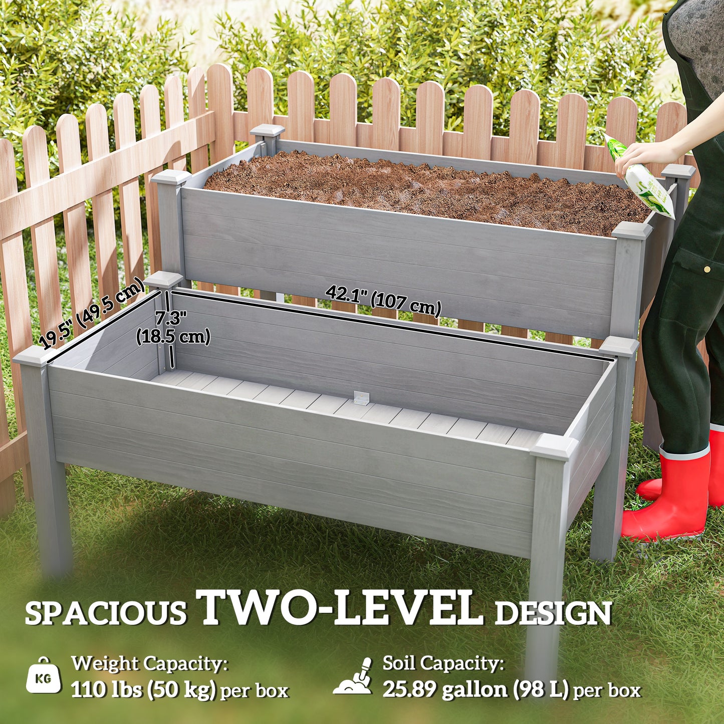 2 Tiers Wood Plant Raised Bed Flower Vegetable Herb Grow Box Stand Garden  Step Planter Stand Free Combination Grey