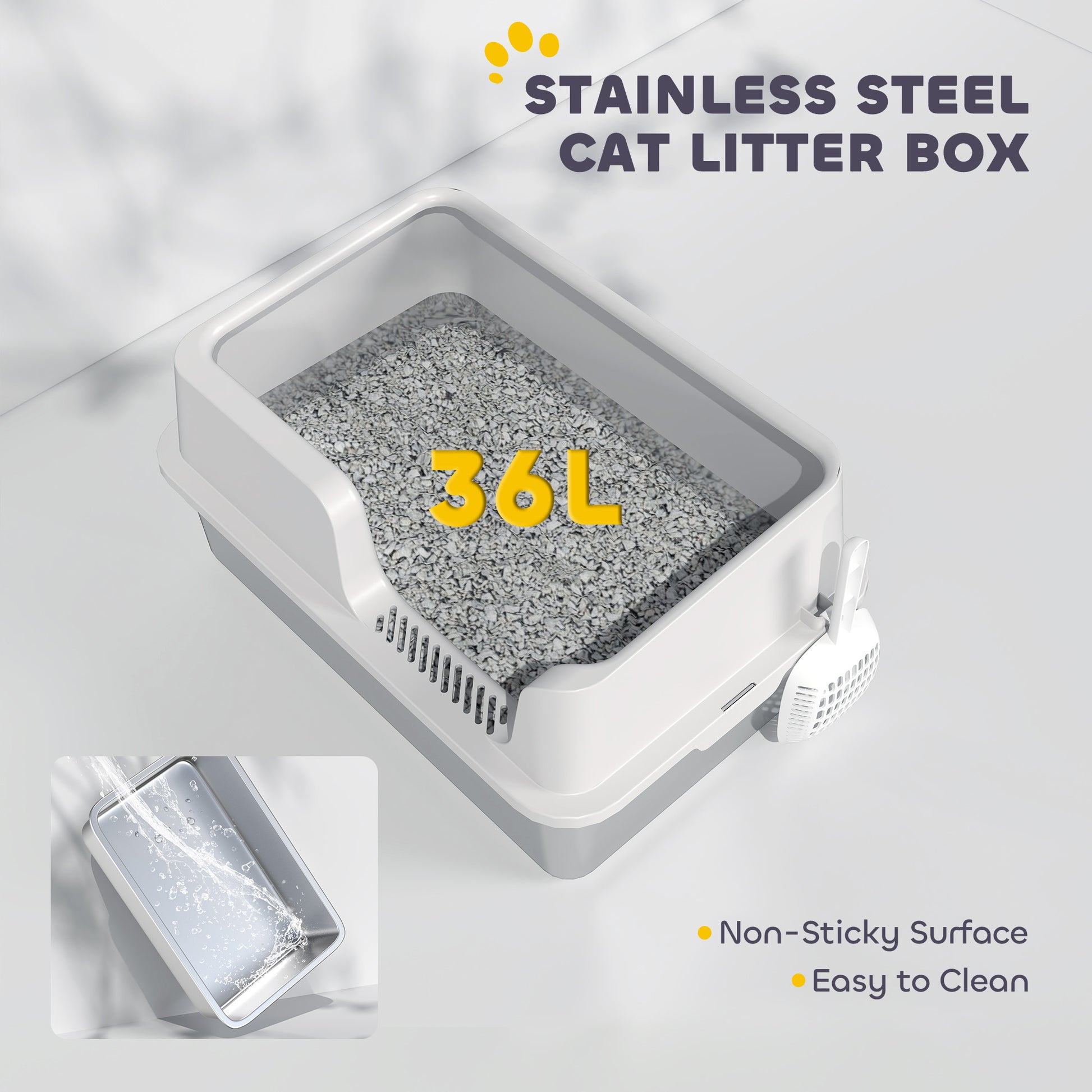 Stainless Steel Cat Litter Box with Lid with Scoop, High Sided, Non-Stick, & Anti-Urine Leakage, Easy Cleaning