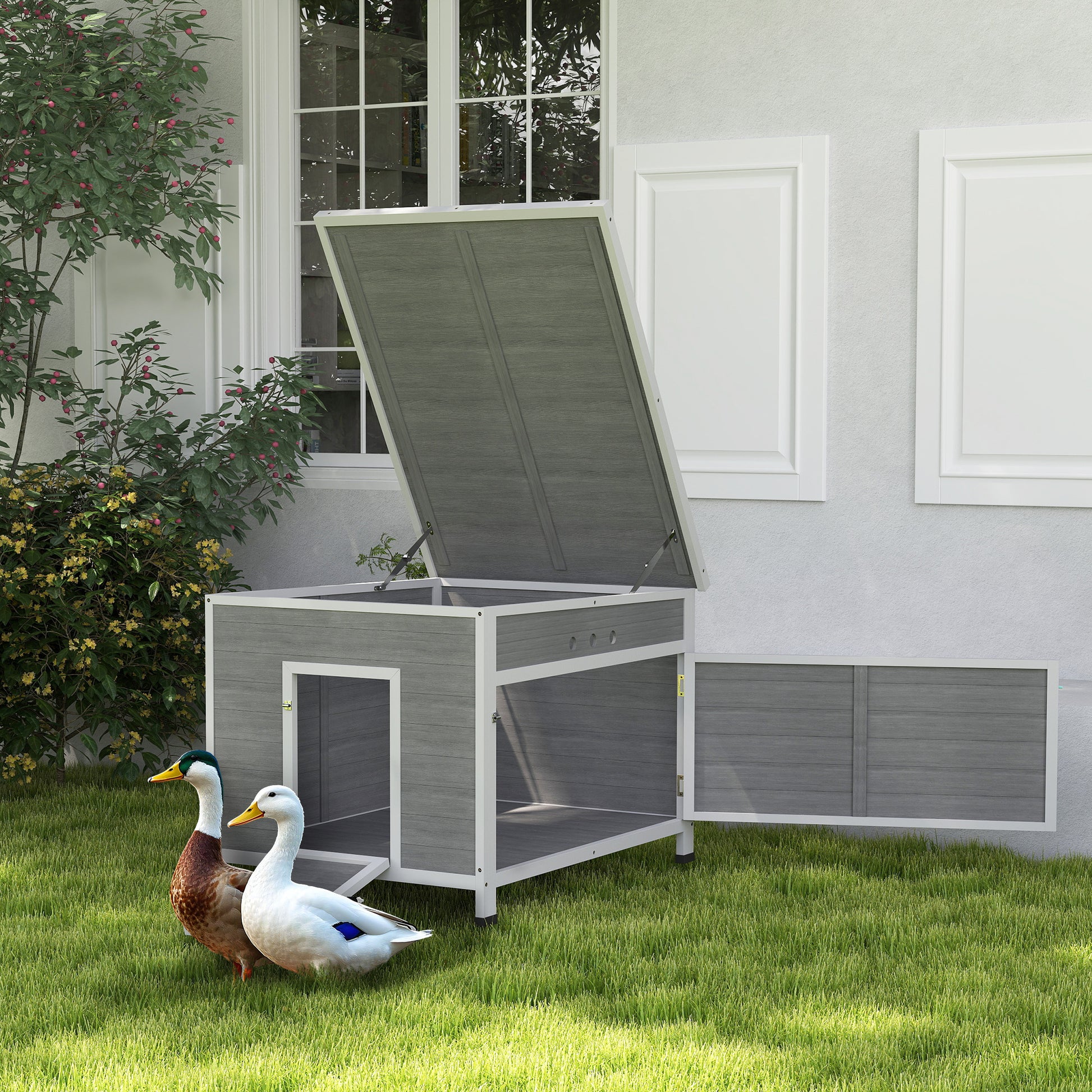 Duck Coop, Wooden Chicken House Rabbit Hutch with Openable Roof, Removable Floor, Double Doors, Ramp, Grey