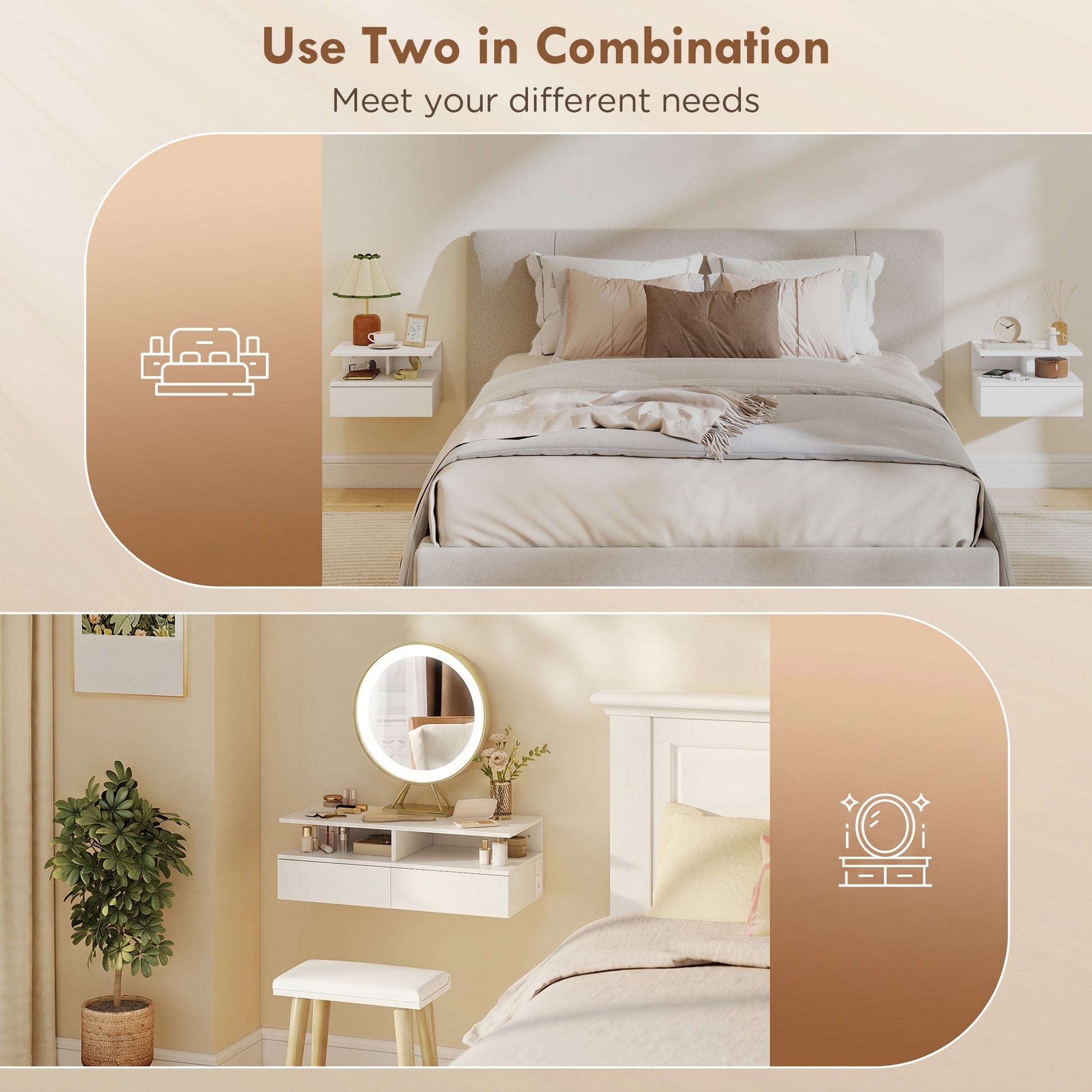 Floating Nightstand Set of 2, Wall Mounted Bedside Table with with Power Outlets, Drawer and Shelf, White