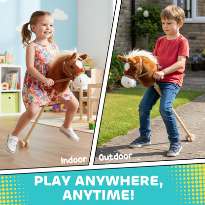 Qaba Unicorn Stick Horse, Plush Hobby Horse with Wood Wheels, Real Pony Neighing and Galloping Sounds, for Kids, Brown