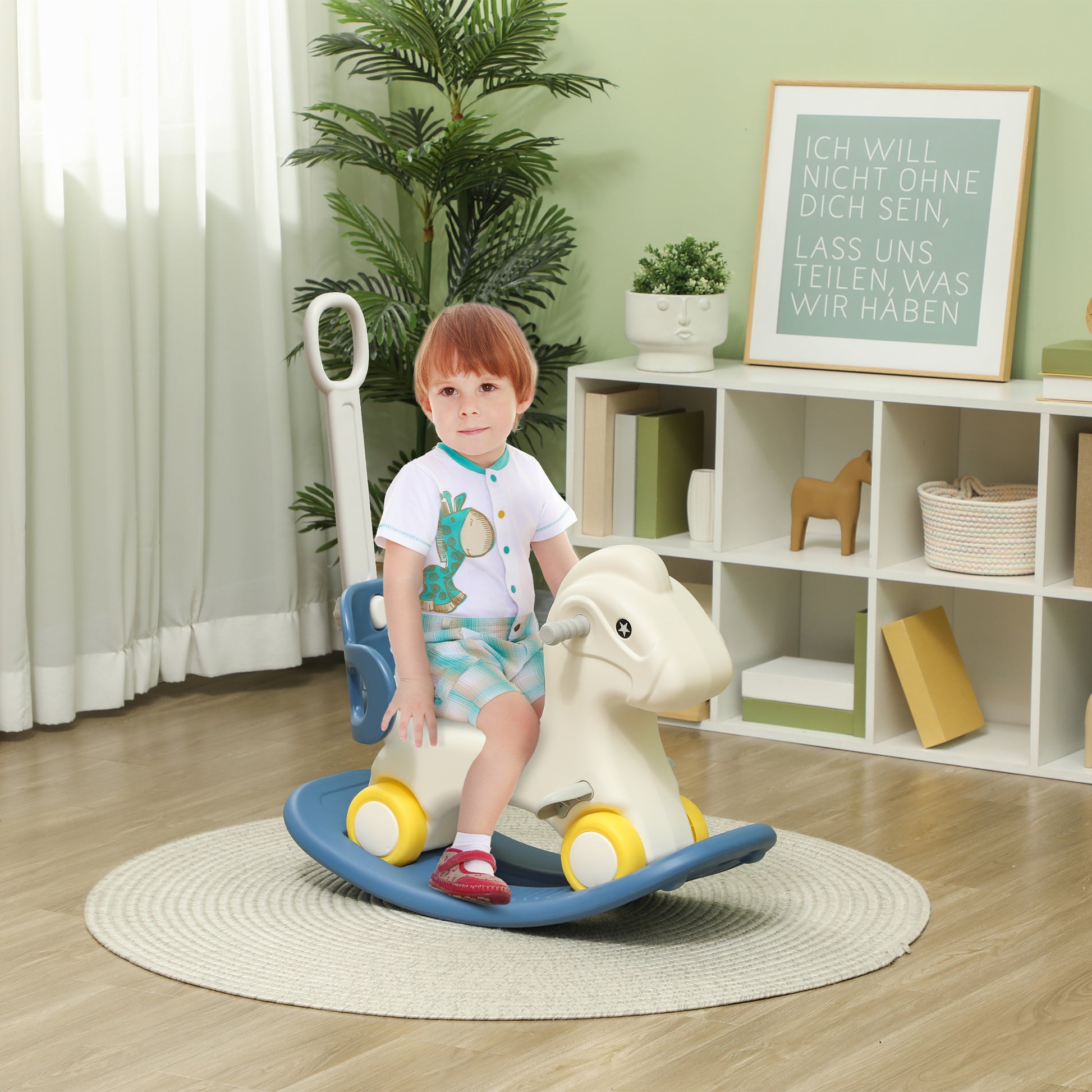Qaba 4 in 1 Kids Rocking Horse w/ Detachable Balance Board & Push Handel, Blue