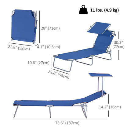Outdoor Lounge Chair, Adjustable Folding Chaise Lounge,  Tanning Chair with Sun Shade for Beach, Camping, Hiking, Backya