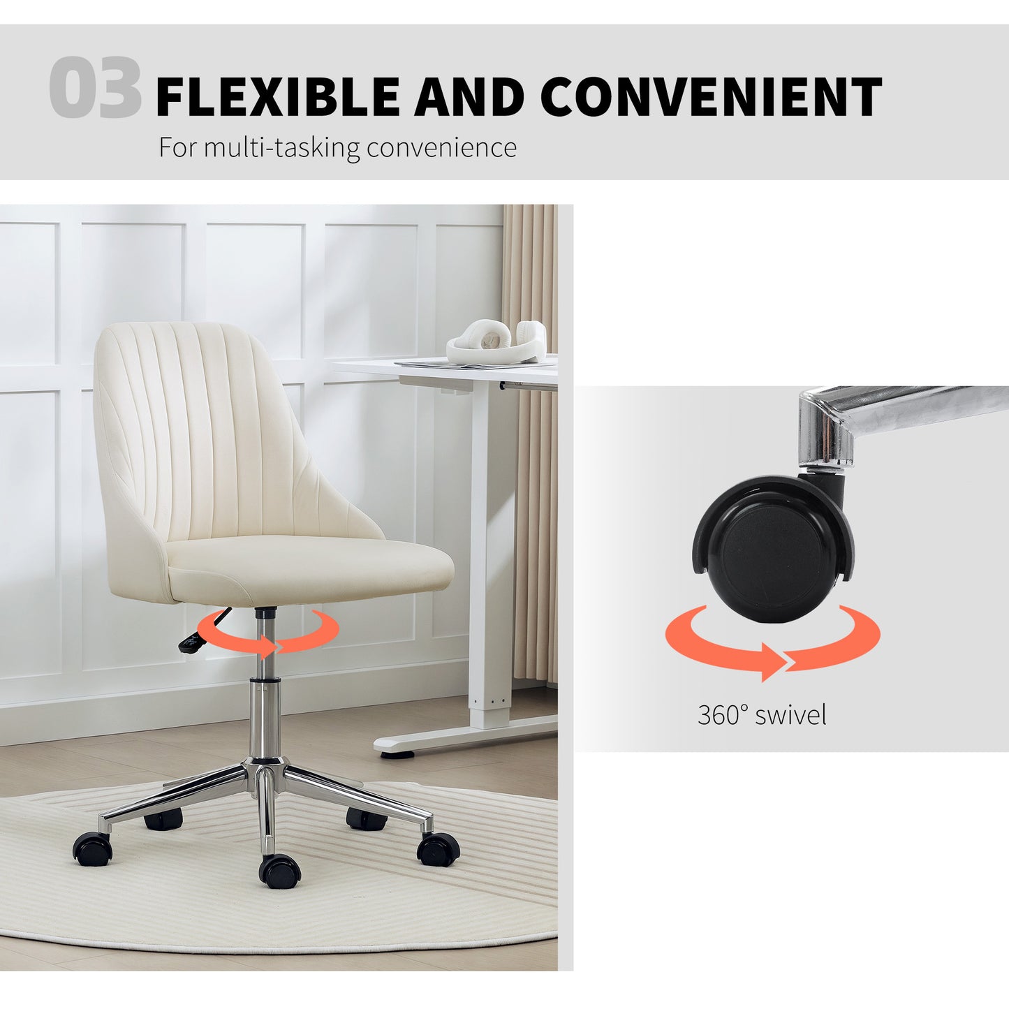 Vanity Chair for Makeup, Velvet Comfy Office Chair with Adjustable Height, Swivel Wheels for Bedroom, Living Room, Cream