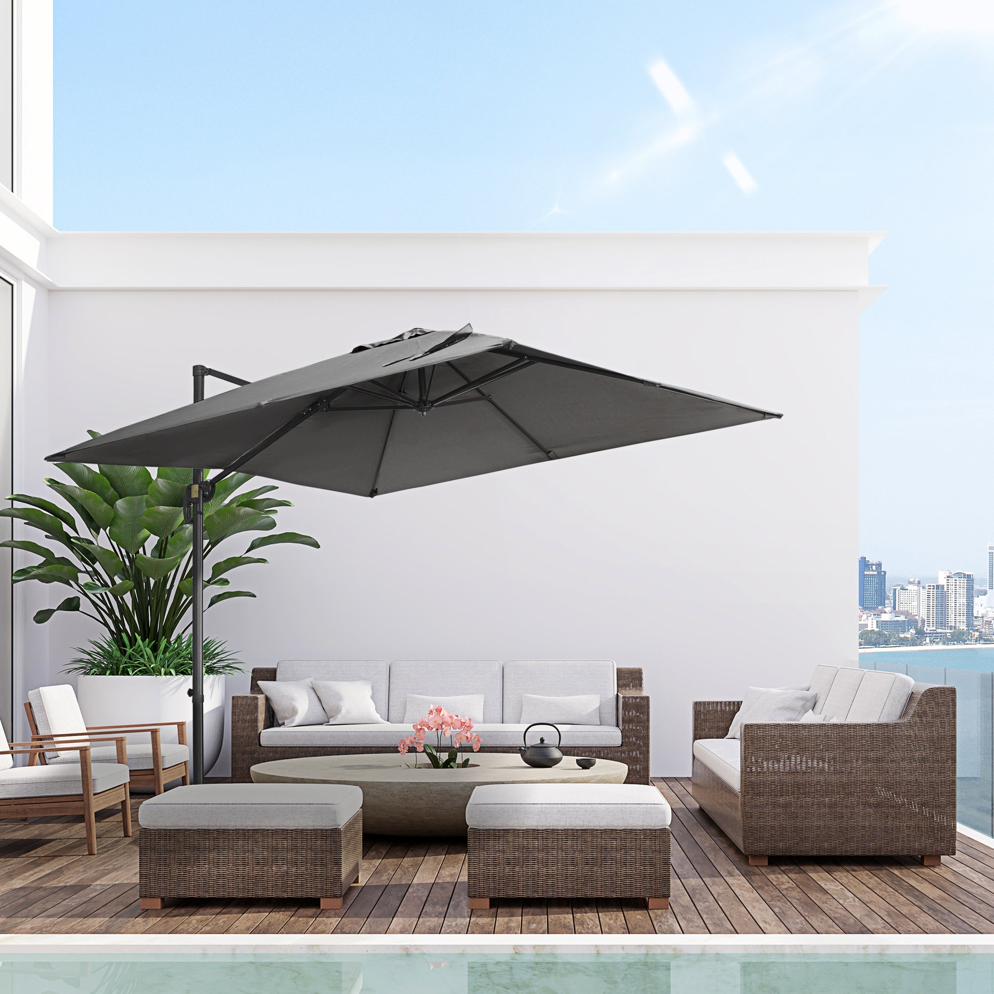 9ft Cantilever Patio Umbrella, Square Overhanging Umbrella with Cross Base, Crank Handle, Tilt, 360° Rotation and Alumin