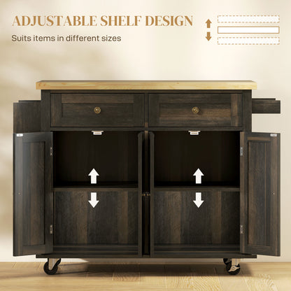 Kitchen Island with Storage, Rolling Trolley Cart with Rubber Wood Top, Spice Rack, Towel Rack, Brown Oak