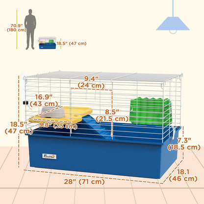 18.5" Small Animal Cage with Water Bottle, Food Dish, Platform, Ramp, Blue