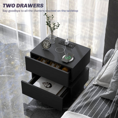 Bedside Table with Charging Station and LED Light Modern Nightstand with USB Ports AC Outlets Drawers Remote, Black