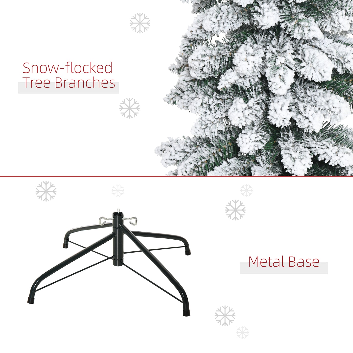 7ft Snow-Flocked Artificial Christmas Tree, Slim Pencil Xmas Tree with 490 Realistic Branches, Metal Base, Green