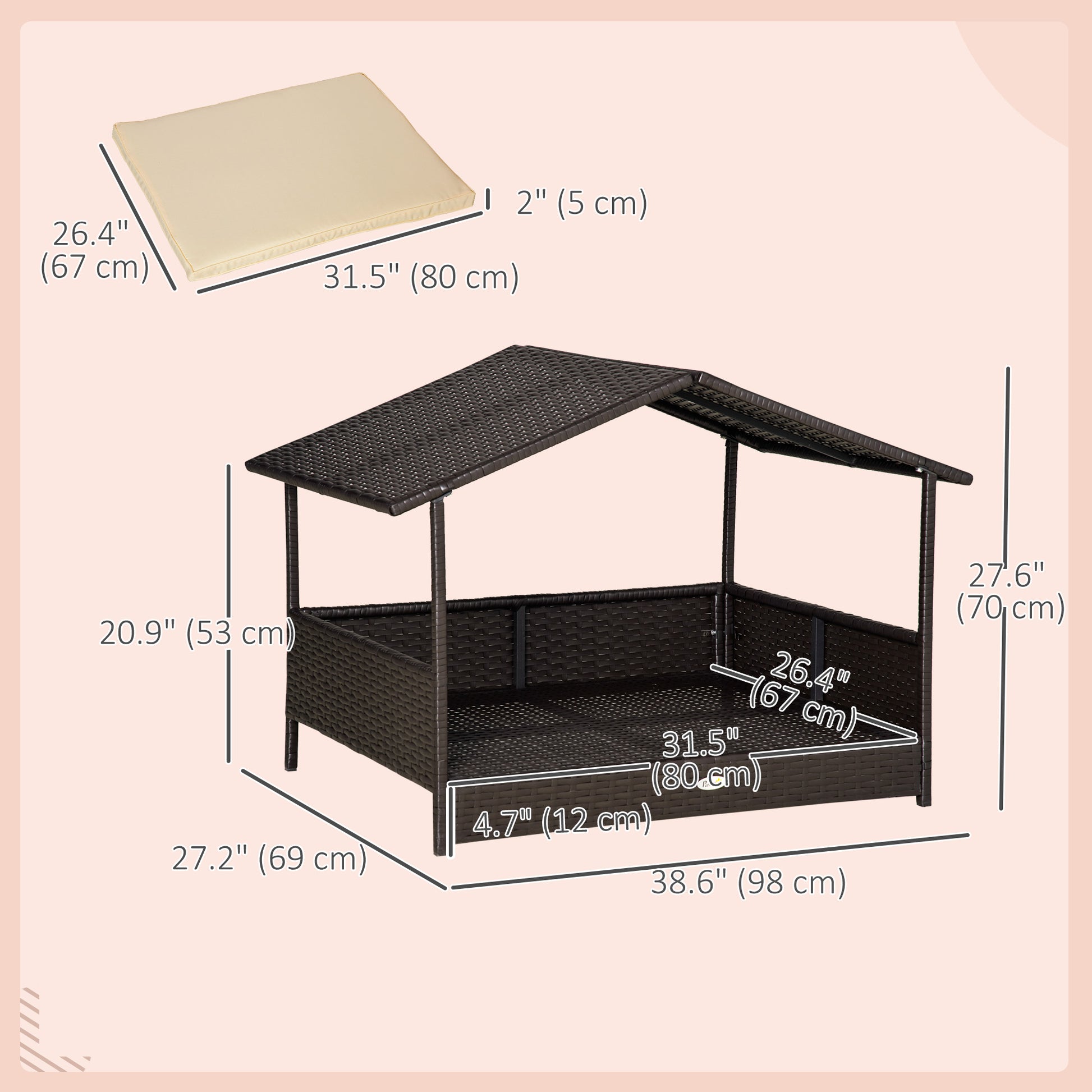 Elevated Rattan Dog House Outdoor with Canopy, Wicker Dog Bed with Water-Resistant Cushion, for Small and Medium Dogs Cr