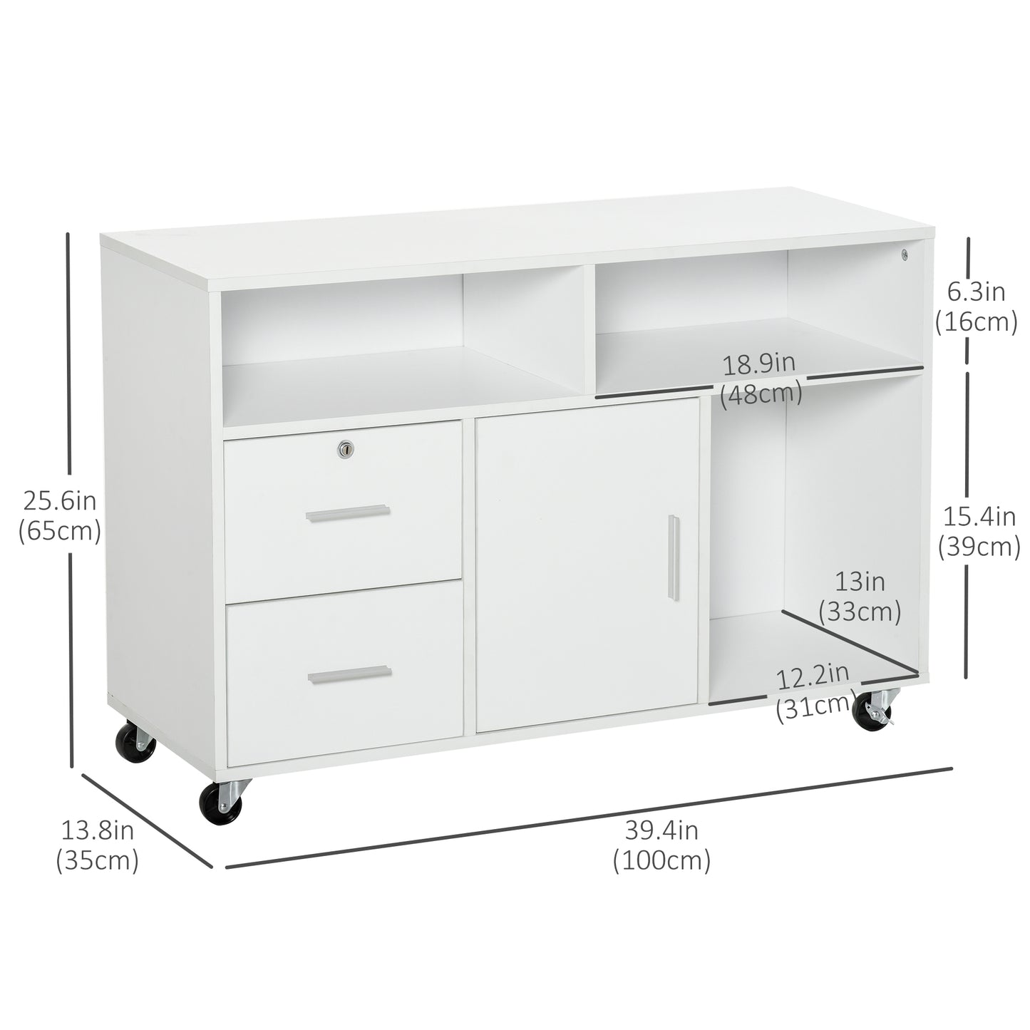 Lateral Filing Cabinet with Open Storage Shelf, Printer Stand Home Office Mobile File Cabinet with Wheels, Lockable Draw