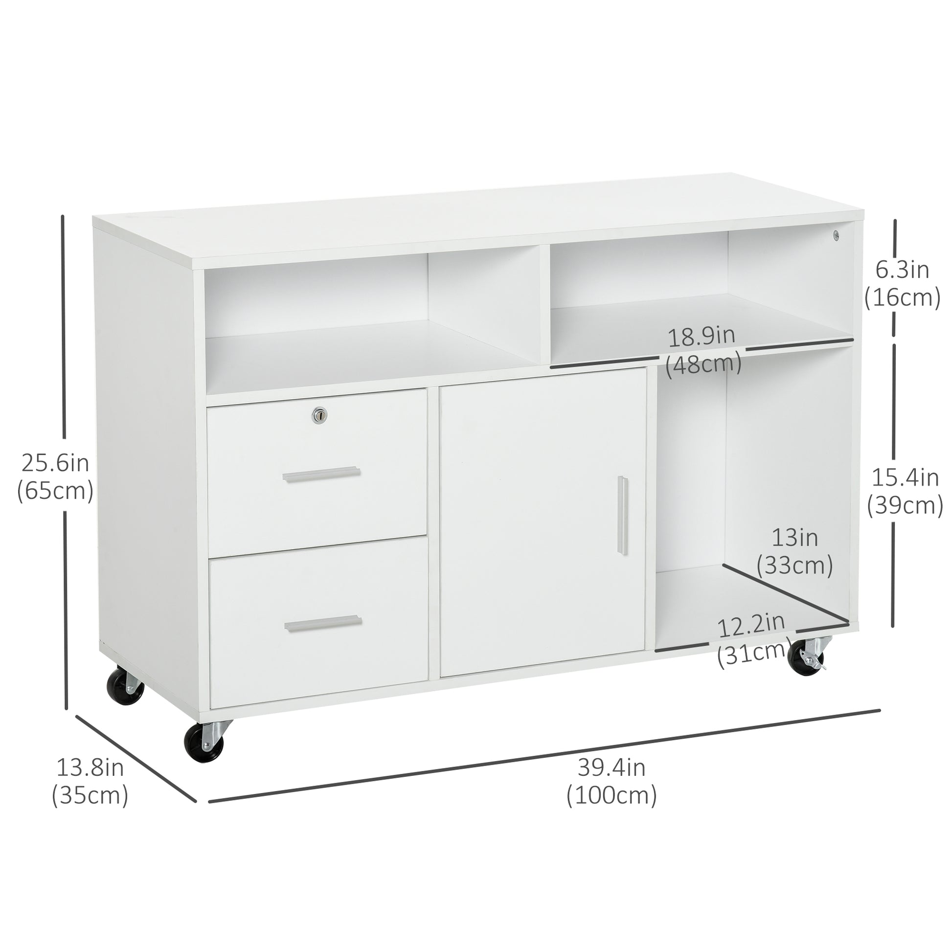 Lateral Filing Cabinet with Open Storage Shelf, Printer Stand Home Office Mobile File Cabinet with Wheels, Lockable Draw