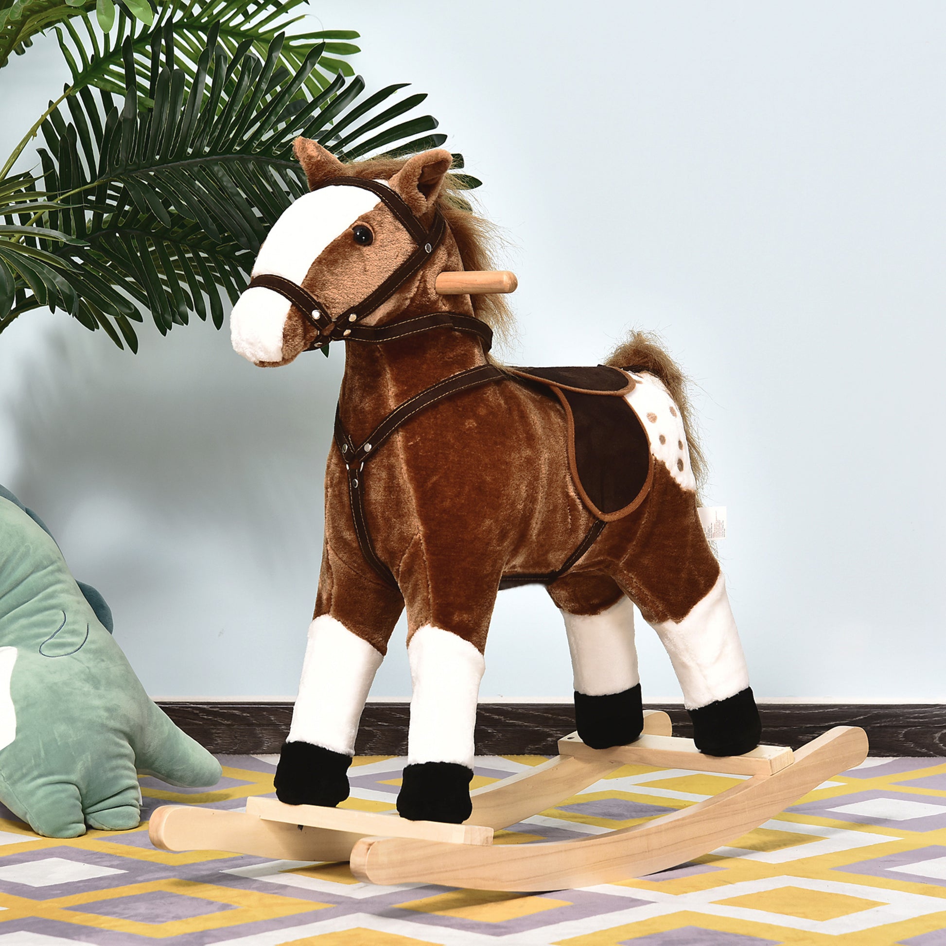 Qaba Baby Rocking Horse, Children Plush Animal Rocker, Kid Ride on Toy with Realistic Sound,  Handle Grip, Brown