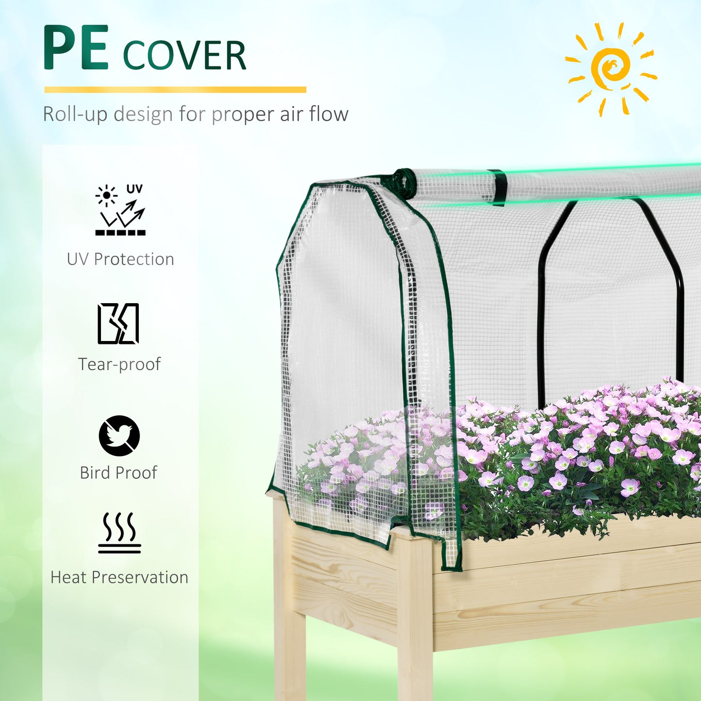 Raised Garden Bed with PE Greenhouse Cover Outdoor Elevated Wood Planter Box for Herbs and Vegetables, Use for Patio, Ba
