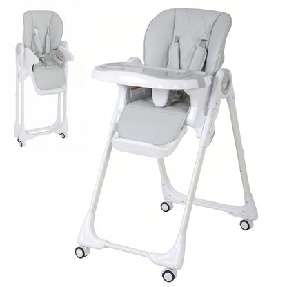 Qaba High Chair with Wheels, Double Tray, Foldable Baby Seat with Adjustable Seat Height, Backrest, Footrest and Tray, G