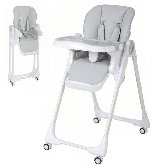 Qaba High Chair with Wheels, Double Tray, Foldable Baby Seat with Adjustable Seat Height, Backrest, Footrest and Tray, G