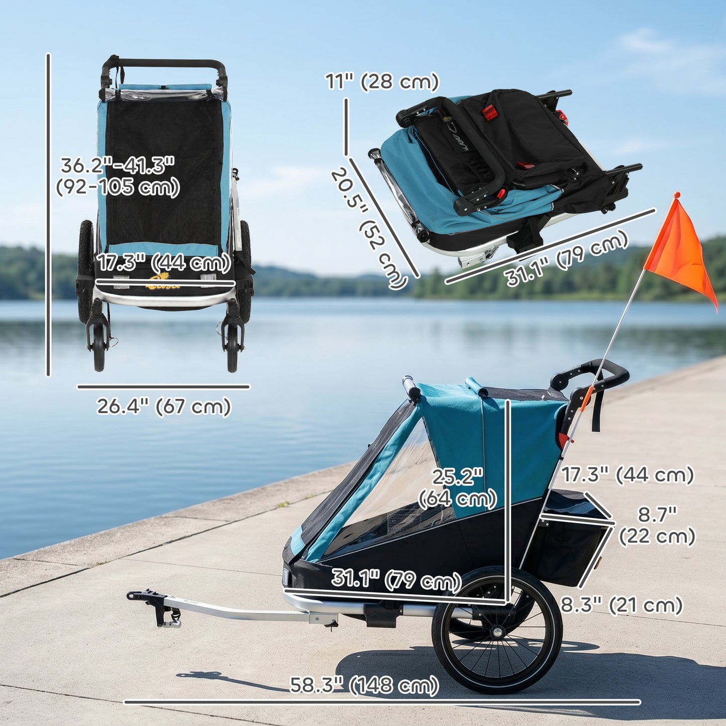 Qaba 3-in-1 Bike Trailer for Kids, Baby Stroller and Jogger, Foldable Child Bicycle Trailer with Reclining Seat, Blue