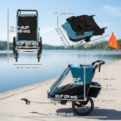 Qaba 3-in-1 Bike Trailer for Kids, Baby Stroller and Jogger, Foldable Child Bicycle Trailer with Reclining Seat, Blue