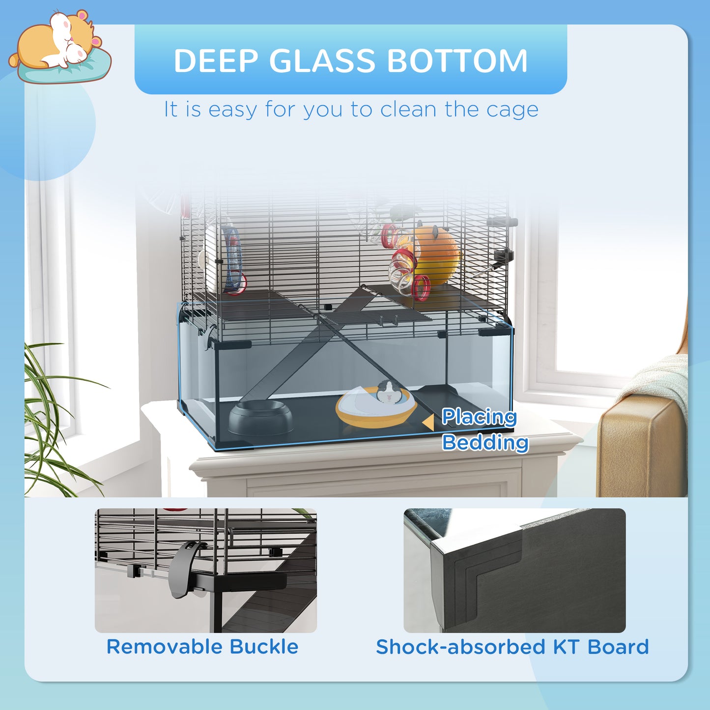 Hamster Cage with Deep Glass Bottom, Tunnel Tube System, Platforms, Hut, Exercise Wheel, Water Bottle, 24" x 16" x 22"