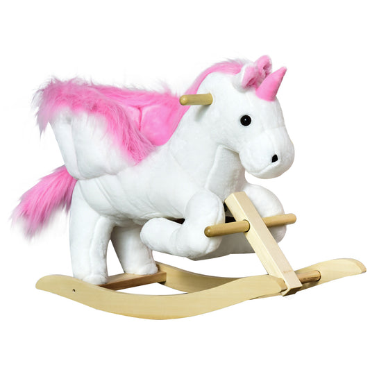 Qaba Baby Rocking Horse, Plush Animal Rocker for Toddlers Aged 18-36 Months, Stuffed Ride Toy with Sounds, Seat Belt, Wh
