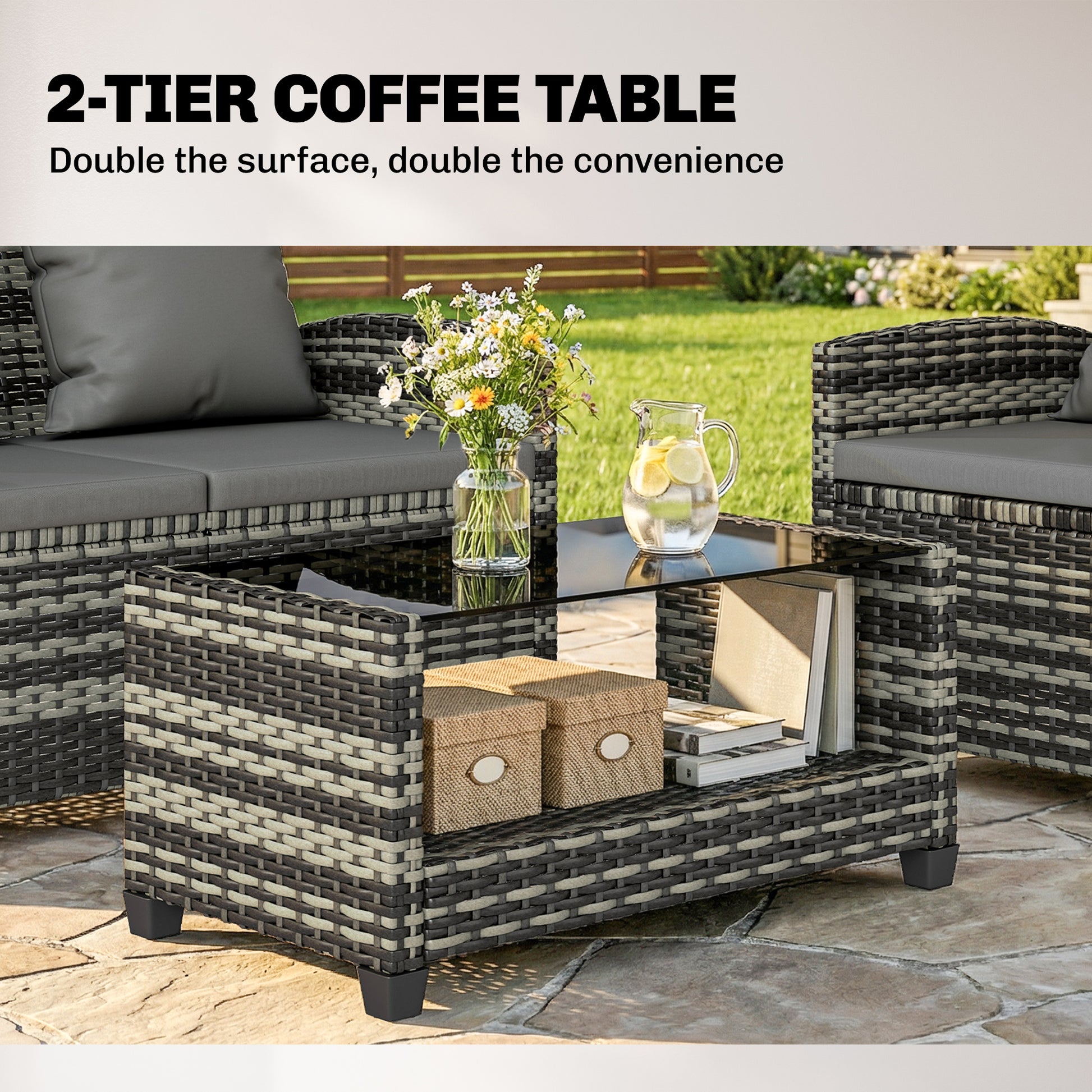 4-Piece Outdoor Wicker Patio Furniture Conversation Set, Includes Loveseat, Chairs and 2-Tier Table with Cushions, Moder