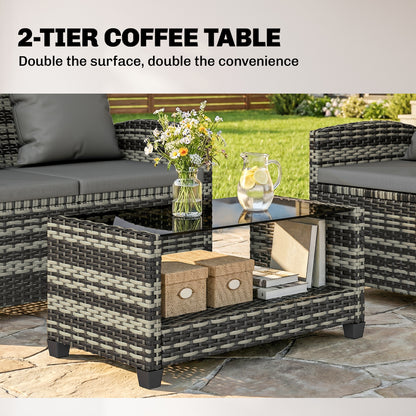 4-Piece Outdoor Wicker Patio Furniture Conversation Set, Includes Loveseat, Chairs and 2-Tier Table with Cushions, Moder